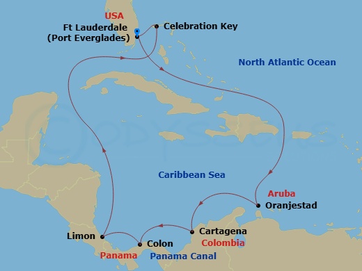 12 Night - Panama Canal with Costa Rica & Caribbean - Caribbean Princess - Starting in Fort Lauderdale, Florida, Aruba, Cartagena CO, Panama Canal Partial Transit New Locks, Colon, Panama, Limon, Costa Rica, Celebration Key, Bahamas, Fort Lauderdale, Florida itinerary map