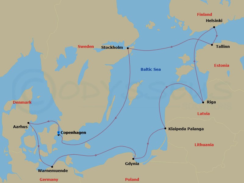 11 Night - Northern Europe - MSC Magnifica - Starting in Copenhagen, Denmark, Aarhus, Denmark, Warnemunde (Berlin), Germany, Gdynia (Gdansk), Poland, Klaipeda, Lithuania, Riga, Latvia, Helsinki, Finland, Tallinn, Estonia, Stockholm, Sweden, Copenhagen, Denmark itinerary map