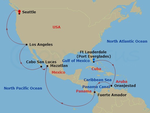 20 Night - Panama Canal - Ocean to Ocean - Star Princess - Starting in Fort Lauderdale, Florida, Aruba, Panama Canal Full Transit New Locks, Fuerte Amador, Panama (for Panama City), Mazatlan, Mexico, Cabo San Lucas, Mexico, Los Angeles, California, Seattle, Washington itinerary map