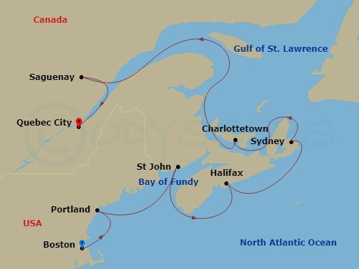 10 Night - Classic Canada & New England - Sapphire Princess - Starting in Boston, Massachusetts, Portland ME, Saint John NB (Bay of Fundy), Halifax, Canada, Sydney CA, Charlottetown, Canada, Saguenay, Canada, Quebec City, Canada itinerary map