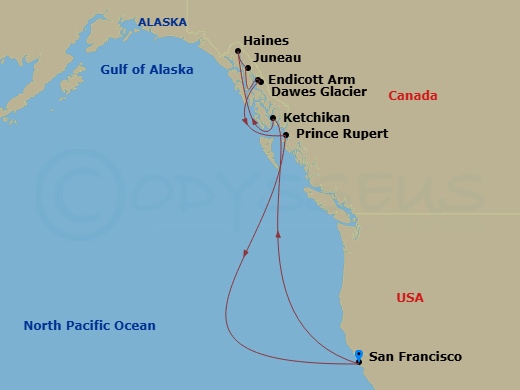 10 Night - Inside Passage (Roundtrip San Francisco) - Ruby Princess - Starting in San Francisco, California, Ketchikan, Alaska, Haines, Alaska, Juneau, Alaska, Endicott Arm and Dawes Glacier (Scenic Cruising), Alaska, Prince Rupert, British Columbia, Canada, San Francisco, California itinerary map