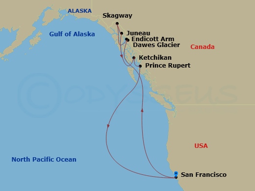 10 Night - Inside Passage (Roundtrip San Francisco) - Ruby Princess - Starting in San Francisco, California, Endicott Arm and Dawes Glacier (Scenic Cruising), Alaska, Skagway, Alaska, Juneau, Alaska, Ketchikan, Alaska, Prince Rupert, British Columbia, Canada, San Francisco, California itinerary map