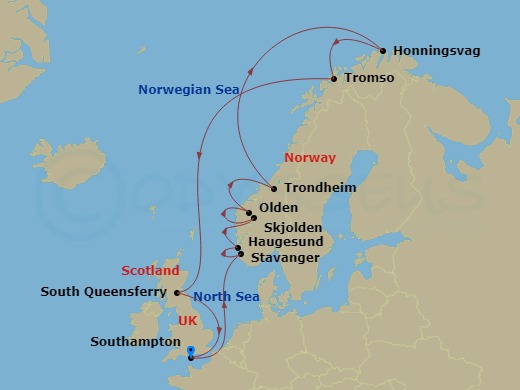 14 Night - Land of the Midnight Sun & Summer Solstice - Sky Princess - Starting in Southampton (for London), England, Stavanger, Norway, Haugesund, Norway, Skjolden / Sognefjord, Norway, Olden, Norway, Trondheim, Norway, Honningsvag (for North Cape), Norway, Tromso, Norway, Edinburgh (South Queensferry), Scotland, Southampton (for London), England itinerary map