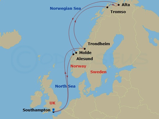 14 Night - Search for the Northern Lights - Sky Princess - Starting in Southampton (for London), England, Trondheim, Norway, Tromso, Norway, Alta, Norway, Molde, Norway, Alesund, Norway, Southampton (for London), England itinerary map