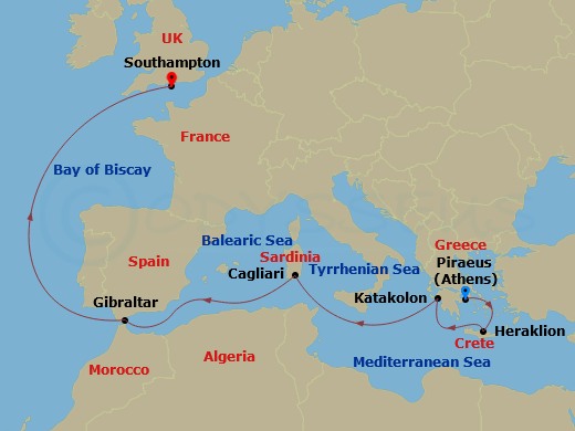 10 Night - Mediterranean and Greek Islands - Queen Anne - Starting in Piraeus (tours to Athens), Greece, Heraklion, Crete, Greece, Katakolon (tours to Olympia), Greece, Cagliari, Sardinia, Italy, Gibraltar, Southampton, England, UK itinerary map