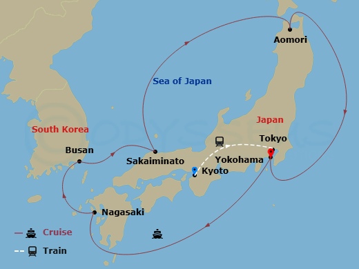 13 Night - Highlights of Japan - Tour 3C - Diamond Princess Tours - Starting in Kyoto, Japan, Tokyo, Japan, Tokyo (Yokohama), Japan, Nagasaki, Japan, Busan, South Korea, Sakaiminato, Japan, Aomori, Japan, Tokyo (Yokohama), Japan itinerary map