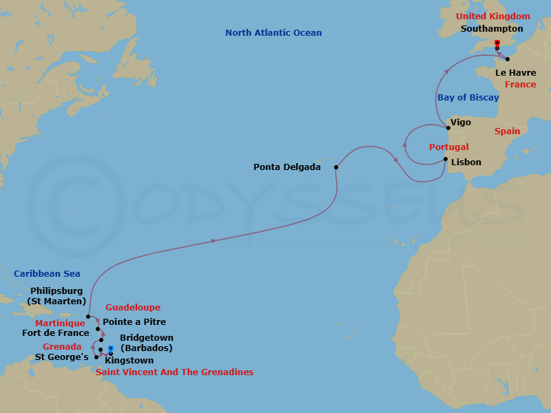 20 Night - Msc Grand Voyages - MSC Meraviglia - Starting in Bridgetown, Barbados, Kingstown, St Vincent and the Grenadines, Saint Georges, Grenada, Fort-de-France, Martinique, Pointe-A-Pitre, Guadeloupe, Philipsburg, Saint Martin, Ponta Delgada (Azores), Portugal, Lisbon (Cascais), Portugal, Vigo (Santiago De Compostela), Spain, Le Havre (Paris), France, Southampton (London), United Kingdom itinerary map