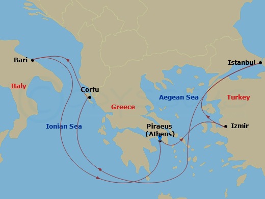 7 Night - Mediterranean - MSC Lirica - Starting in Piraeus (Athens), Greece, Izmir (Ephesus), Turkey, Istanbul, Turkey, Corfu, Greece, Bari, Italy, Piraeus (Athens), Greece itinerary map