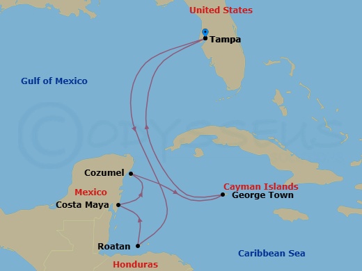 8 Night - Western Caribbean - Radiance of the Seas - Starting in Tampa, Florida, Roatan, Honduras, Puerto Costa Maya, Mexico, Cozumel, Mexico, George Town, Grand Cayman, Tampa, Florida itinerary map