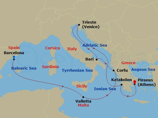 9 Night - Mediterranean - MSC Fantasia - Starting in Barcelona, Spain, La Valletta, Malta, Corfu, Greece, Bari, Italy, Trieste (Venice), Italy, Katakolon (Olympia), Greece, Piraeus (Athens), Greece itinerary map