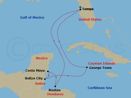 8 Night - Western Caribbean Cruise - Radiance of the Seas - Starting in Tampa, Florida, Roatan, Honduras, Puerto Costa Maya, Mexico, Belize City, Belize, George Town, Grand Cayman, Tampa, Florida itinerary map