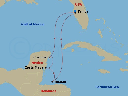 7 Night - Western Caribbean Cruise - Radiance of the Seas - Starting in Tampa, Florida, Cozumel, Mexico, Puerto Costa Maya, Mexico, Roatan, Honduras, Tampa, Florida itinerary map