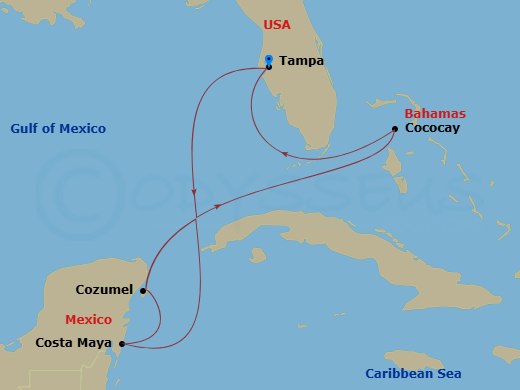 7 Night - Western Carib & Perfect Day Holiday - Radiance of the Seas - Starting in Tampa, Florida, Puerto Costa Maya, Mexico, Cozumel, Mexico, Perfect Day Cococay, Bahamas, Tampa, Florida itinerary map