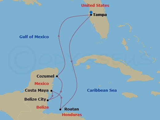 7 Night - Western Caribbean Holiday - Radiance of the Seas - Starting in Tampa, Florida, Roatan, Honduras, Puerto Costa Maya, Mexico, Belize City, Belize, Cozumel, Mexico, Tampa, Florida itinerary map