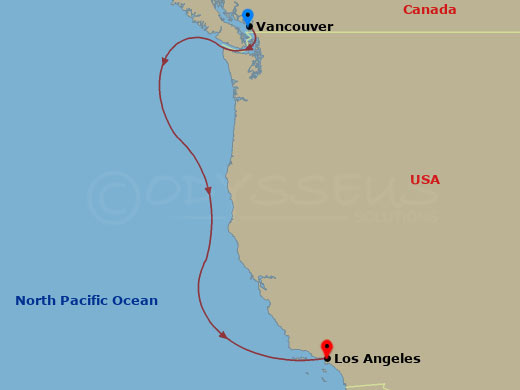 3 Night - Vancouver to Los Angeles Cruise - Ovation Of The Seas - Starting in Vancouver, British Columbia, Los Angeles, California itinerary map