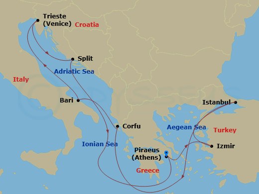 9 Night - Mediterranean - MSC Splendida - Starting in Piraeus (Athens), Greece, Izmir (Ephesus), Turkey, Istanbul, Turkey, Corfu, Greece, Bari, Italy, Trieste (Venice), Italy, Split, Croatia, Piraeus (Athens), Greece itinerary map