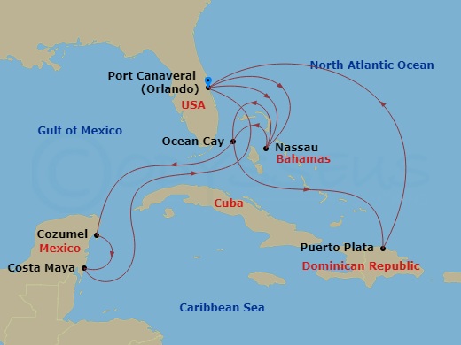 14 Night - Caribbean and Antilles - MSC Grandiosa - Starting in Port Canaveral (Orlando), Florida, Nassau, Bahamas, Ocean Cay Msc Marine Reserve, Bahamas, Puerto Plata, Dominican Republic, Port Canaveral (Orlando), Florida, Nassau, Bahamas, Ocean Cay Msc Marine Reserve, Bahamas, Cozumel, Mexico, Costa Maya, Mexico, Port Canaveral (Orlando), Florida itinerary map