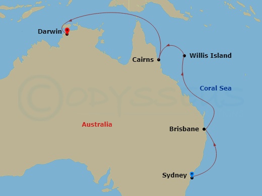 9 Night - Australia from Darwin to Sydney - Crown Princess - Starting in Darwin, Australia, Cairns, Australia, Willis Island, Australia, Brisbane, Australia, Sydney AU itinerary map