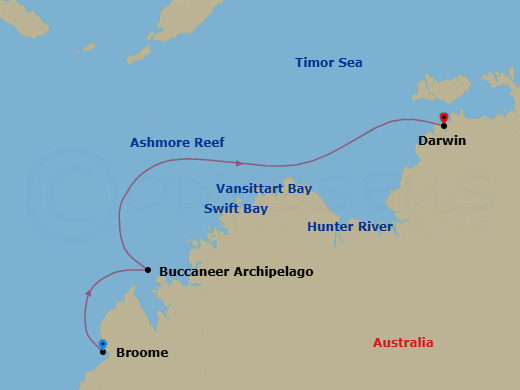 10 Night - Broome to Darwin - Silver Cloud - Starting in Broome (Kimberley), Buccaneer Archipelago Region, Hunter River Region, Western Australia, Swift Bay, Ashmore Reef, Vansittart Bay (Jar Island), King George River (Kimberley, Western Australia), Darwin itinerary map