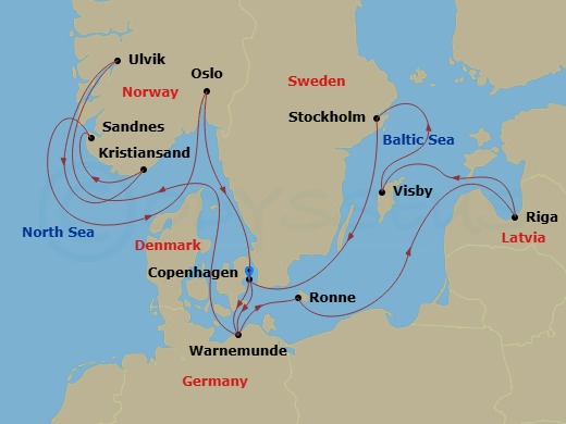 14 Night - Northern Europe - MSC Magnifica - Starting in Copenhagen, Denmark, Warnemunde (Berlin), Germany, Ronne, Denmark, Riga, Latvia, Visby, Sweden, Stockholm, Sweden, Copenhagen, Denmark, Warnemunde (Berlin), Germany, Ulvik, Norway, Kristiansand, Norway, Sandnes, Norway, Oslo, Norway, Copenhagen, Denmark itinerary map