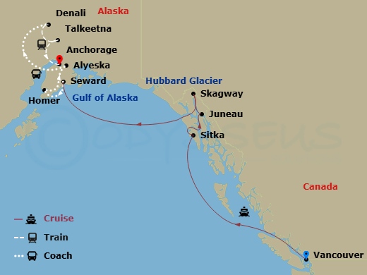 13 Night - Homer Adventure & Interior Wildlife 10A - Ovation Of The Seas Tours - Starting in Vancouver, British Columbia, Sitka, Alaska, Juneau, Alaska, Skagway, Alaska, Hubbard Glacier (Cruising), Seward, Alaska, Homer, Alaska, Alyeska (Girdwood), Alaska, Denali, Alaska, Talkeetna, Alaska, Anchorage, Alaska itinerary map