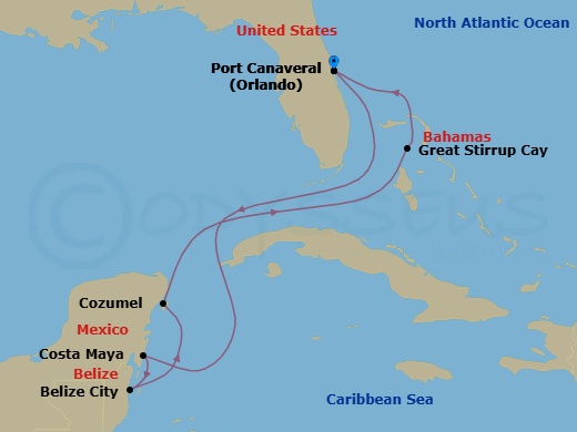 7 Night - Western Caribbean - Port Canaveral - Norwegian Epic - Starting in Orlando Beaches / Port Canaveral, Fl, Costa Maya, Mexico, Belize City, Belize, Cozumel, Mexico, Great Stirrup Cay, Bahamas, Orlando Beaches / Port Canaveral, Fl itinerary map