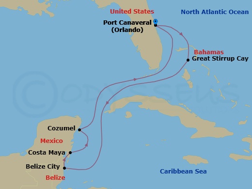 7 Night - Western Caribbean - Port Canaveral - Norwegian Epic - Starting in Orlando Beaches / Port Canaveral, Fl, Great Stirrup Cay, Bahamas, Belize City, Belize, Costa Maya, Mexico, Cozumel, Mexico, Orlando Beaches / Port Canaveral, Fl itinerary map