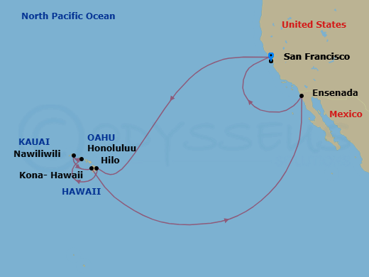 16 Night - Hawaiian Islands - Ruby Princess - Starting in San Francisco, California, Hilo, Hawaii, Honolulu, Hawaii, Kauai (Nawiliwili), Hawaii, Kona, Hawaii, Ensenada, Mexico, San Francisco, California itinerary map