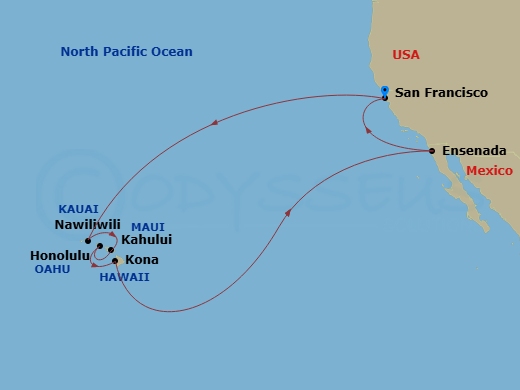 16 Night - Hawaiian Islands - Ruby Princess - Starting in San Francisco, California, Kauai (Nawiliwili), Hawaii, Kahului, Hawaii, Honolulu, Hawaii, Kona, Hawaii, Ensenada, Mexico, San Francisco, California itinerary map