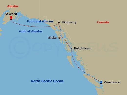 7 Night - Northbound Alaska & Hubbard Glacier - Ovation Of The Seas - Starting in Vancouver, British Columbia, Ketchikan (Ward Cove), Alaska, Sitka, Alaska, Skagway, Alaska, Hubbard Glacier (Cruising), Seward, Alaska itinerary map
