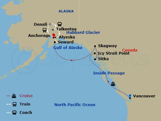 11 Night - Mountain Valley Explorer Ct 3A - Ovation Of The Seas Tours - Starting in Vancouver, British Columbia, Icy Strait Point, Alaska, Sitka, Alaska, Skagway, Alaska, Hubbard Glacier (Cruising), Seward, Alaska, Alyeska (Girdwood), Alaska, Talkeetna, Alaska, Denali, Alaska, Anchorage, Alaska itinerary map