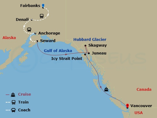 10 Night - Alaska Interior Express Ct 2B - Ovation Of The Seas Tours - Starting in Fairbanks, Alaska, Denali, Alaska, Anchorage, Alaska, Seward, Alaska, Hubbard Glacier (Cruising), Juneau, Alaska, Skagway, Alaska, Icy Strait Point, Alaska, Vancouver, British Columbia itinerary map