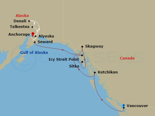 12 Night - Mountain Panorama Adventure Ct 5A - Ovation Of The Seas Tours - Starting in Vancouver, British Columbia, Ketchikan (Ward Cove), Alaska, Sitka, Alaska, Skagway, Alaska, Hubbard Glacier (Cruising), Seward, Alaska, Alyeska (Girdwood), Alaska, Anchorage, Alaska, Denali, Alaska, Talkeetna, Alaska, Anchorage, Alaska itinerary map