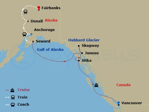 12 Night - Fjord & Tundra Nat'l Parks Explorer Ct 6A - Ovation Of The Seas Tours - Starting in Vancouver, British Columbia, Sitka, Alaska, Juneau, Alaska, Skagway, Alaska, Hubbard Glacier (Cruising), Seward, Alaska, Anchorage, Alaska, Denali, Alaska, Fairbanks, Alaska itinerary map