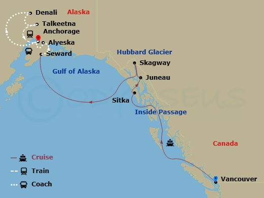 12 Night - Mountain Panorama Adventure Ct 5A - Ovation Of The Seas Tours - Starting in Vancouver, British Columbia, Sitka, Alaska, Juneau, Alaska, Skagway, Alaska, Hubbard Glacier (Cruising), Seward, Alaska, Alyeska (Girdwood), Alaska, Anchorage, Alaska, Denali, Alaska, Talkeetna, Alaska, Anchorage, Alaska itinerary map