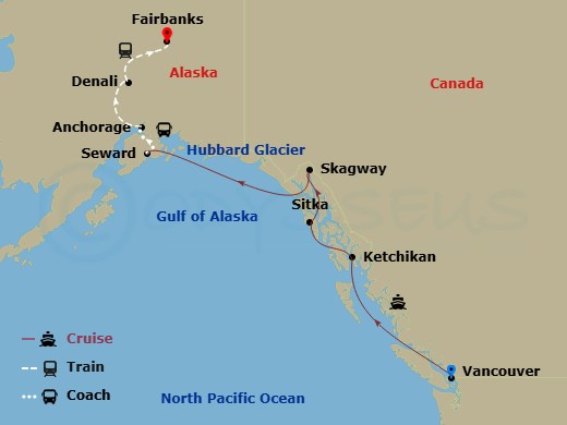 11 Night - Wilderness Frontier Exp Ct 4A - Ovation Of The Seas Tours - Starting in Vancouver, British Columbia, Ketchikan (Ward Cove), Alaska, Sitka, Alaska, Skagway, Alaska, Hubbard Glacier (Cruising), Seward, Alaska, Anchorage, Alaska, Denali, Alaska, Fairbanks, Alaska itinerary map