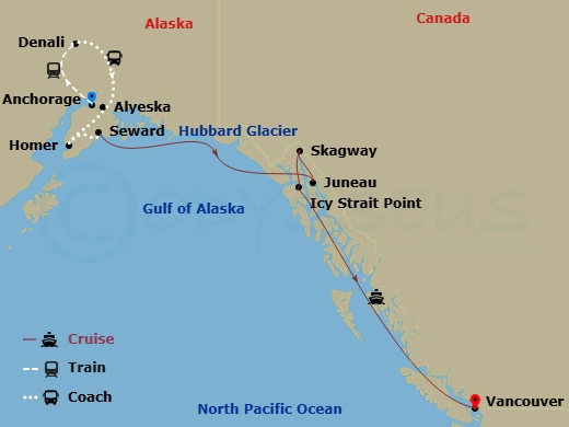 13 Night - Homer Adventure & Interior Wildlife 10B - Ovation Of The Seas Tours - Starting in Anchorage, Alaska, Denali, Alaska, Alyeska (Girdwood), Alaska, Homer, Alaska, Alyeska (Girdwood), Alaska, Homer, Alaska, Seward, Alaska, Hubbard Glacier (Cruising), Juneau, Alaska, Skagway, Alaska, Icy Strait Point, Alaska, Vancouver, British Columbia itinerary map
