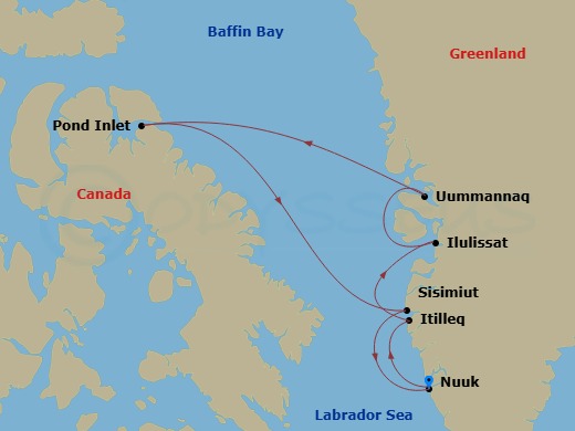 12 Night - Into the Northwest Passage - Viking Polaris - Starting in Nuuk, Itilleq Fjord, Ilulissat, Uummannaq, Sail Baffin Bay, Pond Inlet, Canadian High Arctic, Sail Baffin Bay, Sisimiut, Nuuk itinerary map