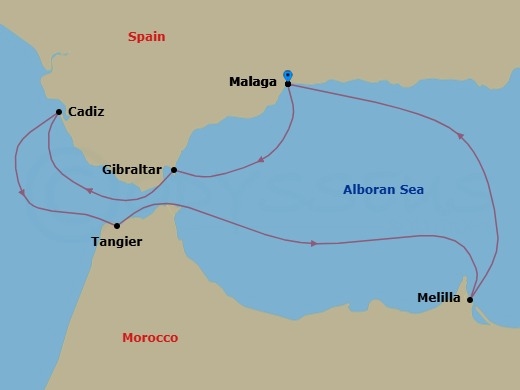 5 Night - Andalusia and Moroccan Shores - Le Bougainville - Starting in Malaga, Gibraltar, Cadiz, Tangier, Melilla, Malaga itinerary map