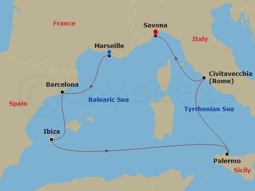 6 Night - Europe from Marseille to Savona - Costa Smeralda - Starting in Marseille, Barcelona, Ibiza, Palermo, Civitavecchia (Rome), Savona itinerary map