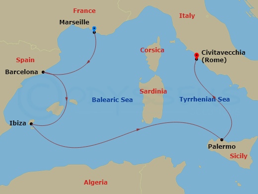 5 Night - Southern Europe from Marseille to Rome (Civitavecchia) - Costa Smeralda - Starting in Marseille, Barcelona, Ibiza, Palermo, Civitavecchia (Rome) itinerary map