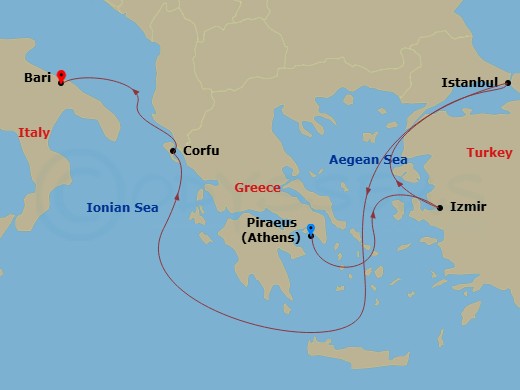 5 Night - Mediterranean - MSC Lirica - Starting in Piraeus (Athens), Greece, Izmir (Ephesus), Turkey, Istanbul, Turkey, Corfu, Greece, Bari, Italy itinerary map
