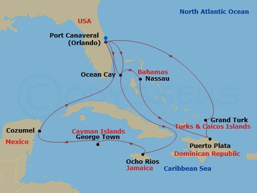 14 Night - Caribbean and Antilles - MSC Grandiosa - Starting in Port Canaveral (Orlando), Florida, Ocean Cay Msc Marine Reserve, Bahamas, Nassau, Bahamas, Puerto Plata, Dominican Republic, Grand Turk Island, Turks and Caicos, Port Canaveral (Orlando), Florida, Ocean Cay Msc Marine Reserve, Bahamas, Ocho Rios, Jamaica, George Town, Cayman Islands, Cozumel, Mexico, Port Canaveral (Orlando), Florida itinerary map