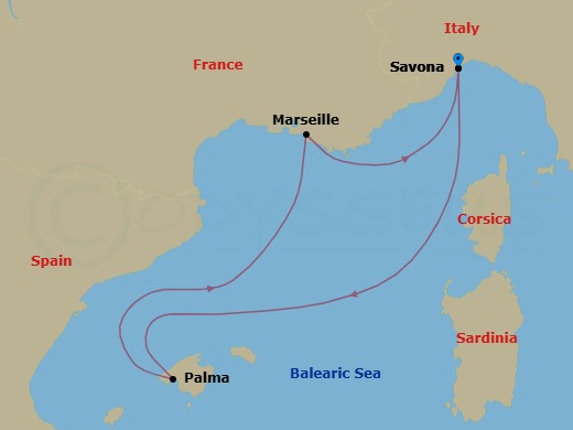 4 Night - Mediterranean Roundtrip from Savona - Costa Diadema - Starting in Savona, Italy, Palma De Mallorca, Spain, Marseille, France, Savona, Italy itinerary map