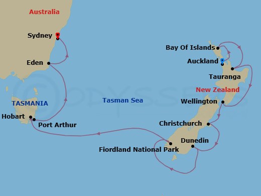 14 Night - Australia & New Zealand - Royal Princess - Starting in Auckland, New Zealand, Bay of Islands, New Zealand, Tauranga, New Zealand, Wellington, New Zealand, Christchurch (Lyttelton), New Zealand, Dunedin (Port Chalmers), New Zealand, Fiordland National Park (Scenic Cruising), Hobart, Australia, Port Arthur, Australia, Great Oyster Bay and Freycinet Peninsula (Scenic Cruising), Eden, Australia, Sydney AU itinerary map