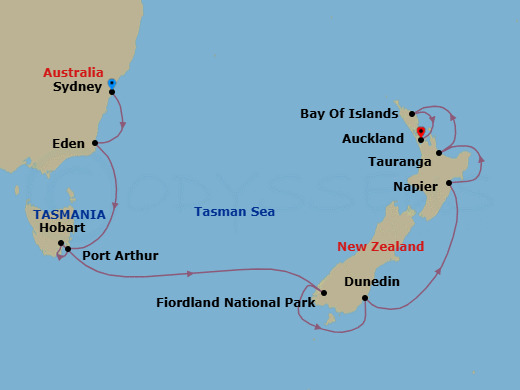 13 Night - Australia & New Zealand - Royal Princess - Starting in Sydney AU, Eden, Australia, Great Oyster Bay and Freycinet Peninsula (Scenic Cruising), Port Arthur, Australia, Hobart, Australia, Fiordland National Park (Scenic Cruising), Dunedin (Port Chalmers), New Zealand, Napier, New Zealand, Tauranga, New Zealand, Bay of Islands, New Zealand, Auckland, New Zealand itinerary map