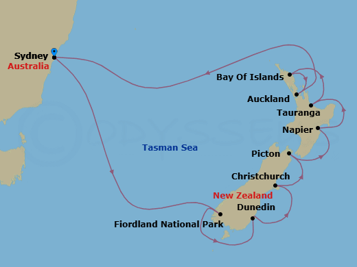 15 Night - New Zealand - Royal Princess - Starting in Sydney AU, Fiordland National Park (Scenic Cruising), Dunedin (Port Chalmers), New Zealand, Christchurch (Lyttelton), New Zealand, Picton, New Zealand, Napier, New Zealand, Tauranga, New Zealand, Bay of Islands, New Zealand, Auckland, New Zealand, Sydney AU itinerary map