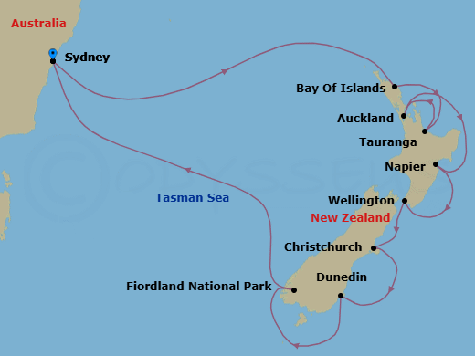 15 Night - New Zealand - Royal Princess - Starting in Sydney AU, Bay of Islands, New Zealand, Tauranga, New Zealand, Auckland, New Zealand, Napier, New Zealand, Wellington, New Zealand, Christchurch (Lyttelton), New Zealand, Dunedin (Port Chalmers), New Zealand, Fiordland National Park (Scenic Cruising), Sydney AU itinerary map