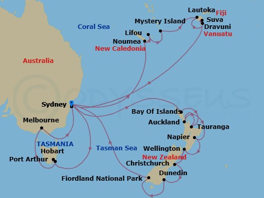36 Night - New Zealand, Tasmania & Fiji - Royal Princess - Starting in Sydney AU, Hobart, Australia, Port Arthur, Australia, Melbourne, Australia, Sydney AU, Noumea, New Caledonia, Lifou, New Caledonia, Mystery Island, Vanuatu, Lautoka, Fiji, Suva, Fiji, Dravuni Island, Fiji, Sydney AU, Bay of Islands, New Zealand, Tauranga, New Zealand, Auckland, New Zealand, Napier, New Zealand, Wellington, New Zealand, Christchurch (Lyttelton), New Zealand, Dunedin (Port Chalmers), New Zealand, Fiordland National Park (Scenic Cruising), Sydney AU itinerary map