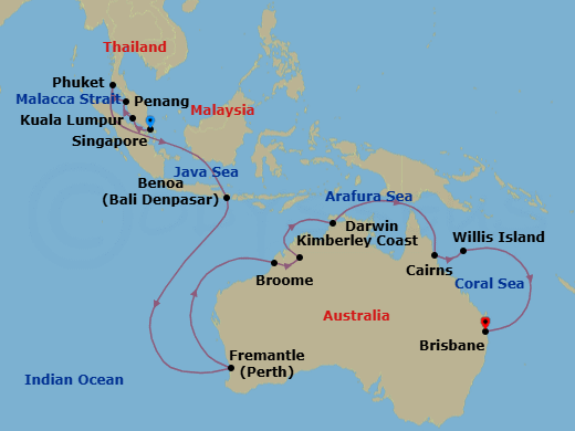 25 Night - Asia & Australia - Sapphire Princess - Starting in Singapore, Kuala Lumpur (Port Kelang), Malaysia, Penang, Malaysia, Phuket, Thailand, Bali (Benoa), Indonesia, Perth (Fremantle), Australia, Broome, Australia, Kimberley Coast (Scenic Cruising), Australia, Darwin, Australia, Cairns, Australia, Willis Island, Australia, Brisbane, Australia itinerary map